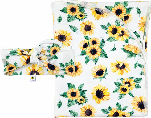 Sunflower Swaddle and Headband Set, Handmade Stretchy Soft Cotton (0-6 m Headband,