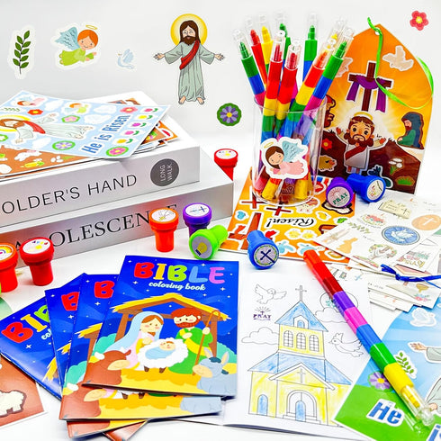 60 Cinrobiye Pcs Easter Party Favors for Christian,Christian Coloring Books with Stacking Crayons Bulk Religious Easter
