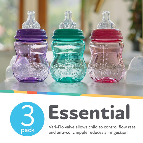(3-Pack) 8 Oz 0+ Nuby Wide Neck Non-Drip Bottle - Baby Bottles with Anti-Colic Vari-Flo Valve - - Months - Aqua, Pink
