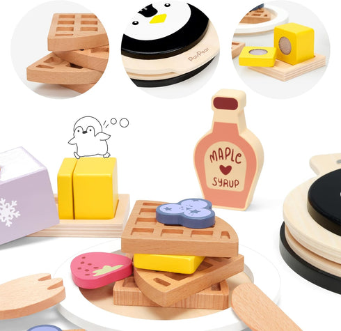 Playset, Playset, Sets 3+ PairPear Wooden Waffle Maker Toy Food Kids Pretend Play Food Kitchen Accessories, Wooden