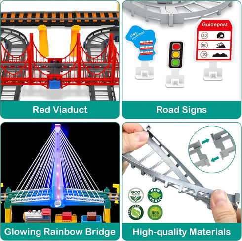 Vunrahsg Set 4-8 Set Playset 4 5 6 7 8+ Electric Train for Kids Ages with Train Tracks & Car Tracks Lights Up Bridge