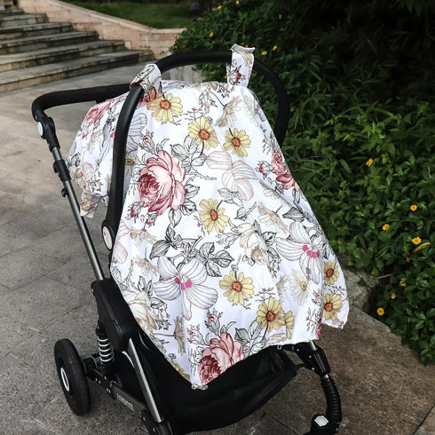 Floral Baby Car Seat Canopy Soft Plush Dotted Backing Baby Car Seat Cover Girls, Infant Carseat Canopy, Stretchy Multi