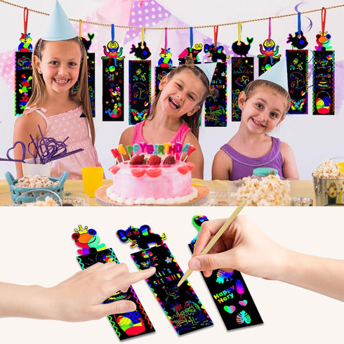 100Pcs Scratch Art Bookmarks Making Kit | DIY Animal Bookmarks with Ribbons and Wood Stylus for Classroom Activities