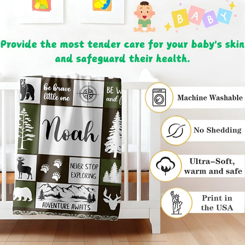 Cozy Personalized Baby Blankets with Name, Ships Next Day, Custom Baby Blanket with Letter Words, Soft Woodland