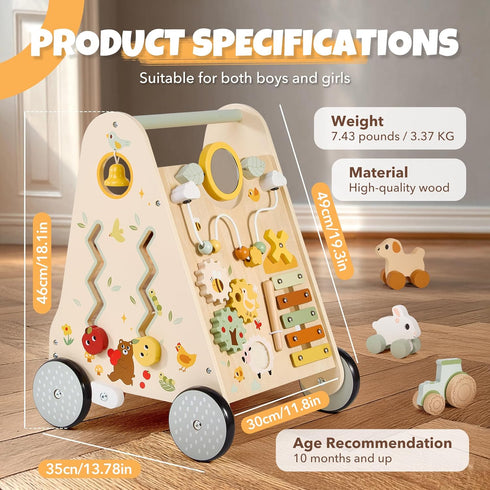 Pithfor Wooden Baby Push Walker, Baby Walker with Activity Center for Girls Boys, Montessori Sensory Push Toys