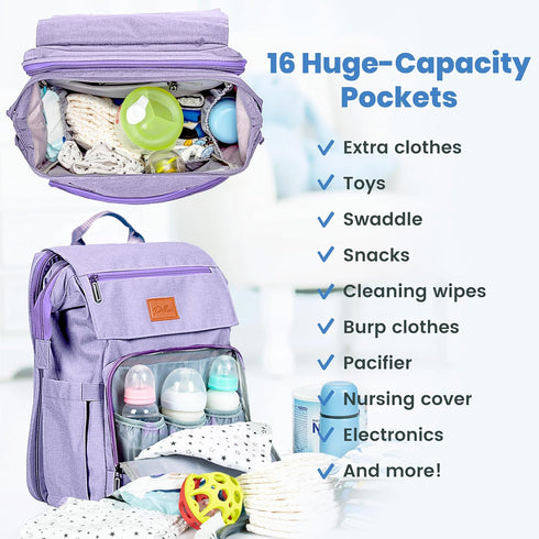 Backpack 16 Backpack Baby Shower Gifts for Mom - Diaper Bag - Organizer Pockets Baby Diaper Bag w/ Insulated Bottle