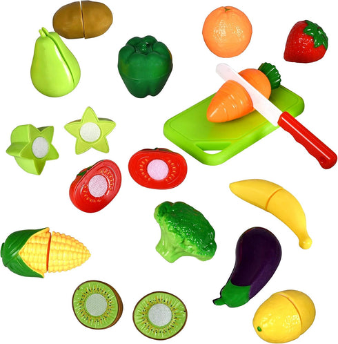 Playset (32 Playkidz: Fruit and Vegetables Basket Pretend Play Kitchen Food Educational with Toy Knife, Cutting Board