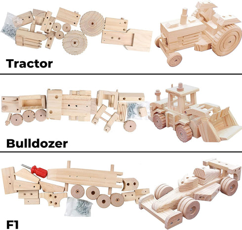 Kraftic Woodworking Building Kit for Kids - 3 Educational DIY Carpentry Projects for Boys and Girls - Tractor,