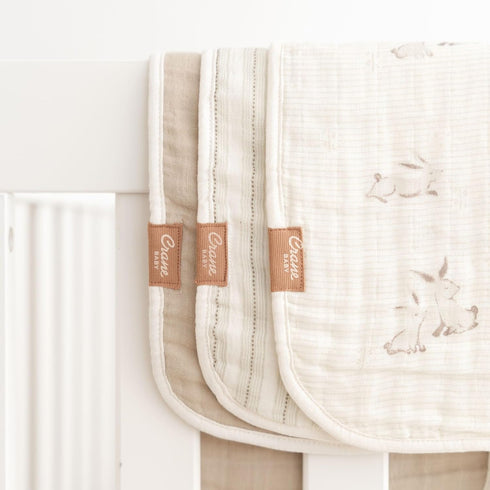 100% 3-pc. Set Crane Baby Organic Cotton Burp Cloth - GOTS Certified Cotton, Absorbent & Lightweight with Bunny