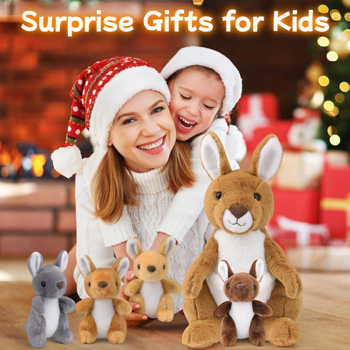 5 1 16'' Mommy 4 Set in Kangaroo Stuffed Animal with Babies, Stuffed Kangaroo Plush Toy with Baby Joey Plush and Pouch