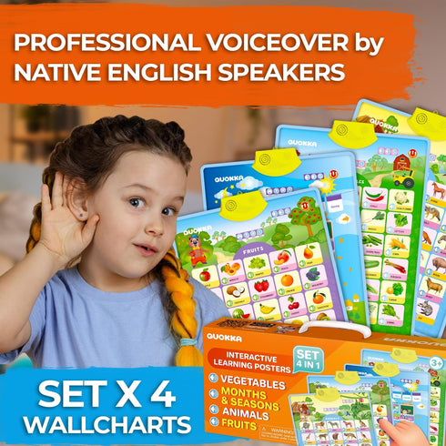 Quokka Set of 4 Educational Poster Toy for 3-4 Year Old, Learning Wall Chart for Toddlers, Interactive Game