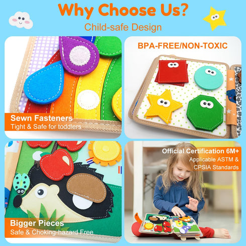 1-3, 1 Busy Book for Toddlers Felt Animals Busy Board for Year Old Montessori Toys, Peekaboo Quiet Book, Airplane
