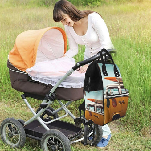 HCBPWVQA Backpack Daypacks Vintage Van in The Beach with a Surfboard Print Diaper Bag Multifunction Laptop Travel Large