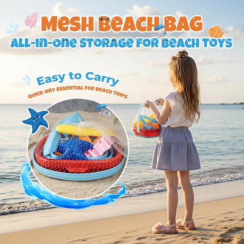Cozycharm Set 3 Summer Beach Sand Toys for Toddlers, Portable Travel Beach Toys with Collapsible Bucket, Shovel, Rake