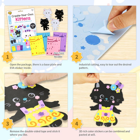 VKPI 4 Pieces Cats Foam Art Crafts Gift Kit - Creative Make Your Own Kittens, Cartoon Foam Projects for Kids Ages 4+