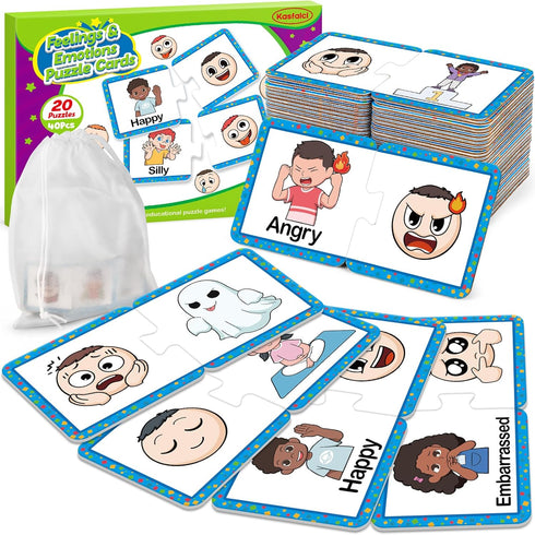 Feelings & Emotions Puzzle Cards, Social Emotional Learning Toys for Kids, Speech Therapy Games, ADHD, Autism Materials