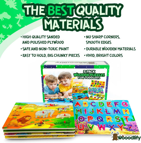 WOOODLIFY 5 Pack 1-3 2-4 Wooden Puzzles for Toddlers - Colorful Chunky Wooden Peg Puzzles - Educational Learning