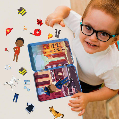 Hapinest Magnetic Heroes Pretend and Play Travel Playset Toy for Boys Ages 4 Years and Up, Fireman, Policeman, Knight