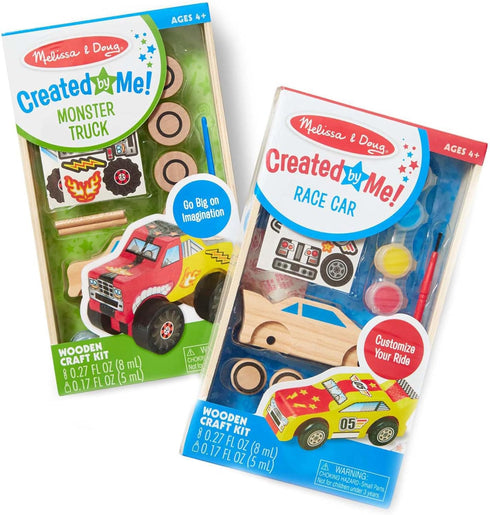 Melissa & Doug Decorate-Your-Own Wooden Craft Kits Set, Race Car and Monster Truck.