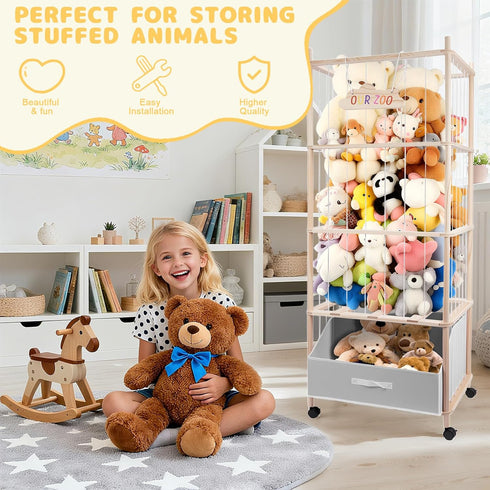 64" Stuffed Animal Storage, Super Large Plush Toy Organizer with Wheels, Wooden Stuffed Animal Holder with Removable