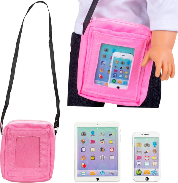 3pc Tech Set for American 18" Dolls with Cell Phone, Computer Tablet, and Accessory Bag - Premium Durable Metal