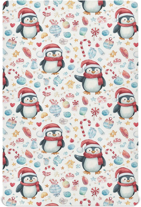Pfrewn Christmas Crib Sheets for Boys Girls Cute Penguins Winter Holidays Fitted
