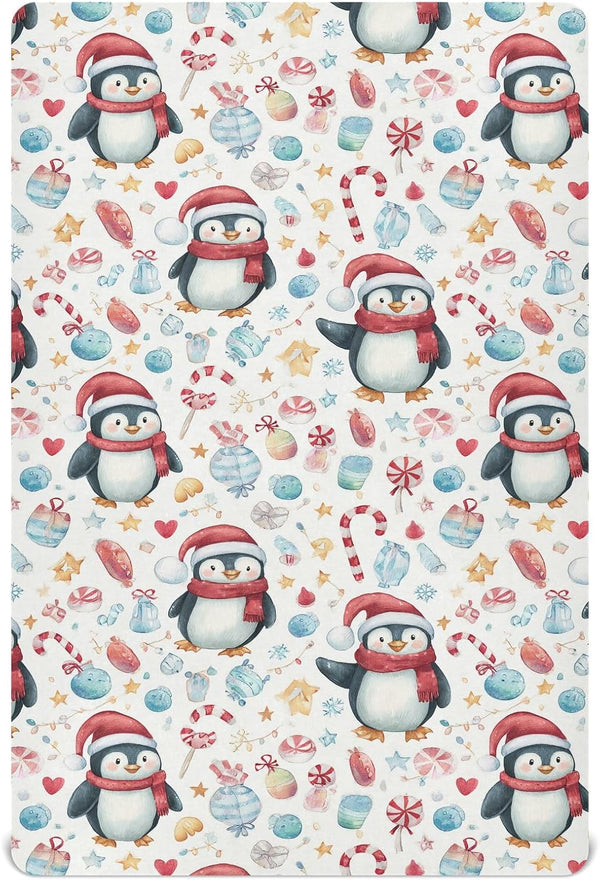Pfrewn Christmas Crib Sheets for Boys Girls Cute Penguins Winter Holidays Fitted