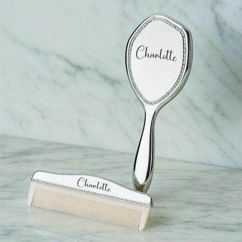Engraved Silver-Plated Brush & Comb Set Newborn Grooming Kit, Soft Bristle Hairbrush,