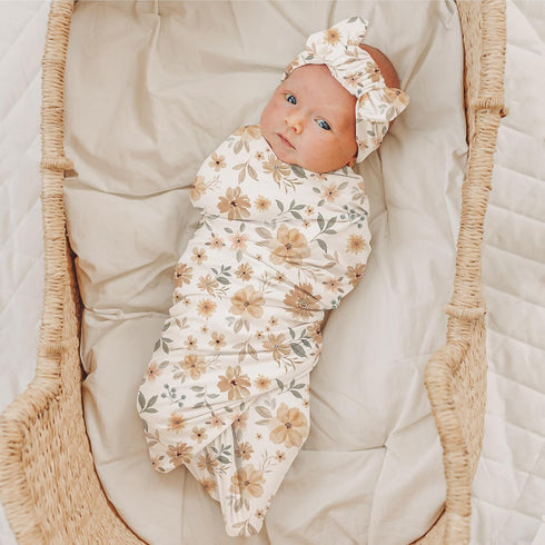 Konssy Baby Girl Newborn Receiving Blanket with Matching Headband and Beanie Set, Floral Print Nursery Swaddle Wrap