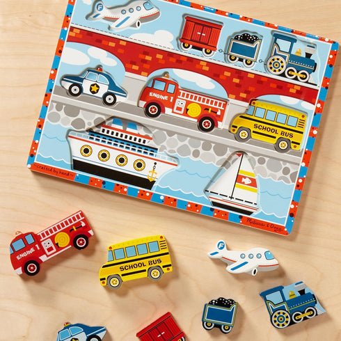 Melissa & Doug Wooden Chunky Puzzle - Vehicles Plane, Train, Cars, Boats (9 pcs)