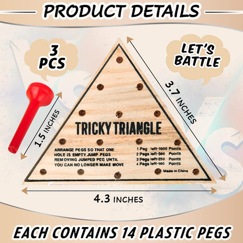 Wooden Triangle Peg Board Game - 3 Pack Retro Mini Travel Game