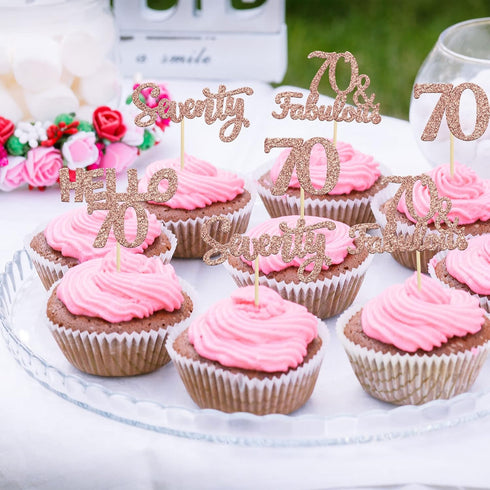 Gyufise 24Pcs Rose Gold Glitter 70th Birthday Cupcake Toppers, Hello 70 Seventy Cake Picks for Birthday Decorations