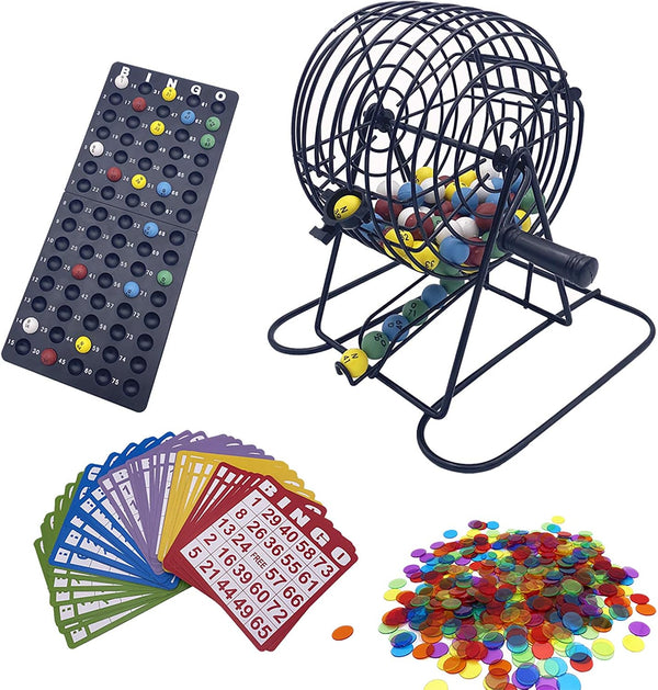 Deluxe Bingo Game Set with 6 Inch Cage, Master Board, 75 Colored Balls, 50 Cards, and 500 Chips
