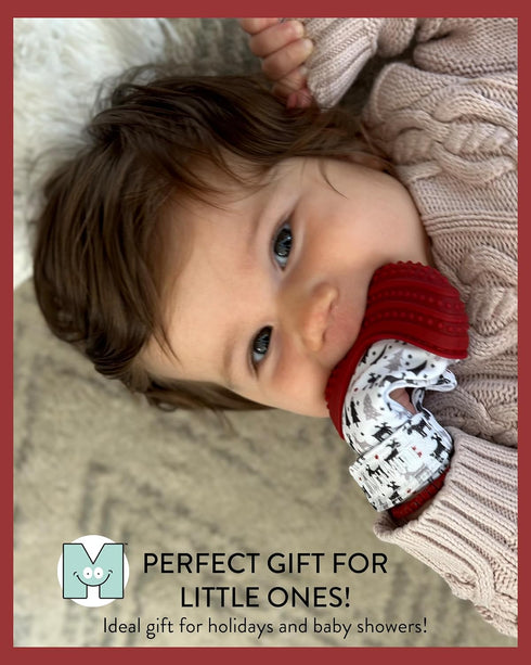Pack: Malarkey Kids Holiday Gift Munch Mitt and Chew Cube Duo - Perfect Teething Treats for Babies and Toddlers - Red