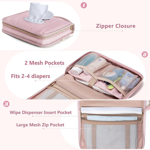 Diaper Clutch Bag with 2 Pieces Wipes Dispensers, Small Diaper Bag with Multiple Pockets for Storage of Baby Necessities, Baby Travel Essential, Pink