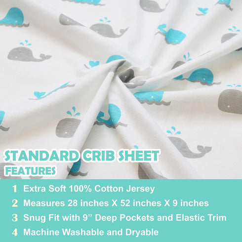 American Baby Company Fitted Crib Sheet, 28" x 52", Soft Breathable 100% Cotton Jersey Sheet, Aqua Whales for Crib and