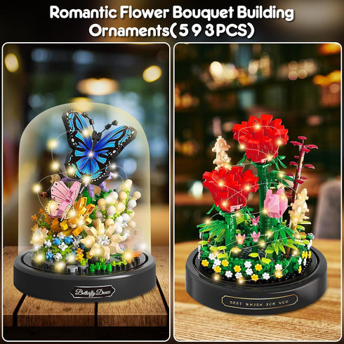 2 Pack Sets Set, VZZNN Flower Bouquet Building with LED Lighting,Animals Flowers Botanical Collection Mini Building