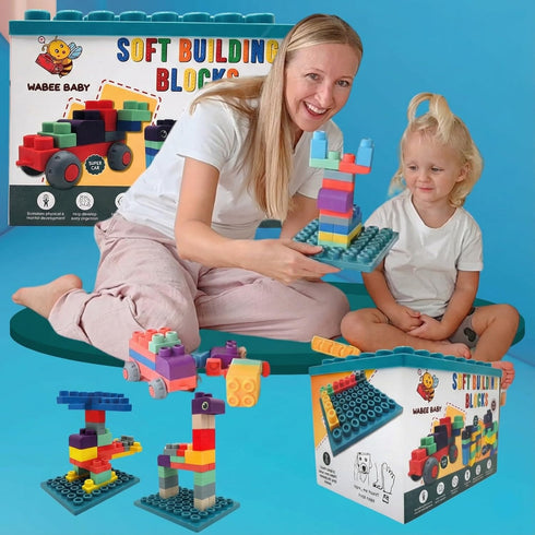 12mo+ Set Soft Rubber Building Blocks with Baseboard - Extra Large Toddler Blocks Ages - Chew-Safe Sensory Stacking