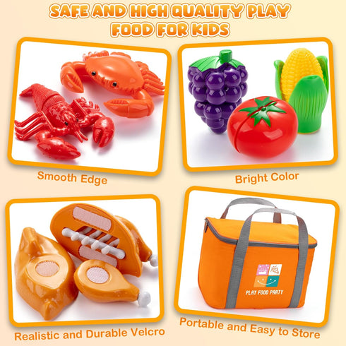 Set Juboury Pretend Play Food for Toddlers, Cutting Toy Food with Storage Bag, Stainless Steel Tray and Plates, Food