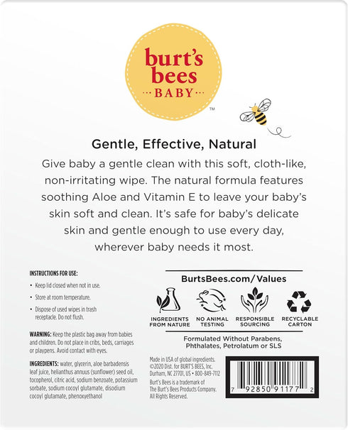 Unscented Natural Baby Wipes by Burt’s Bees - 72 Wipes in 10 Pack for Sensitive Skin with Aloe and Vitamin E
