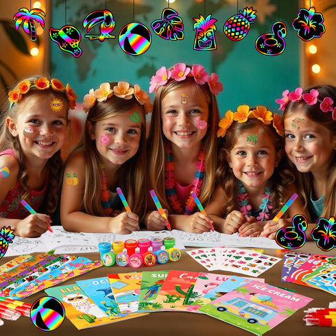 96Pcs Summer Set BenLouis Hawaiian Luau Party Favors Aloha Tiki Theme Coloring Books Crayons Sticker Bulk for Kids