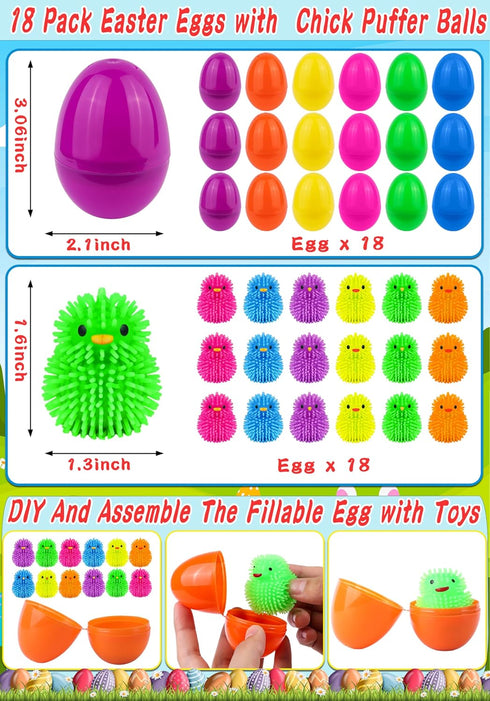 FLYSNK 18 Pack Easter Eggs Filled with LED Chick Puffer Balls, Easter Basket Stuffers with Light Up Fidget Stress Toys