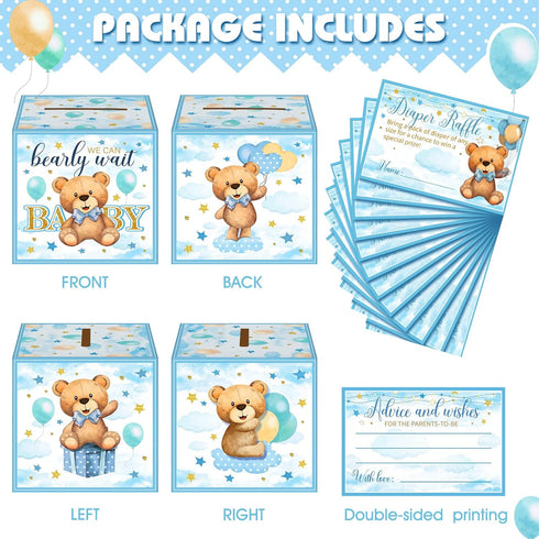 51 Spakon Pieces Bear Diaper Raffle Tickets with Box Blue for Baby Shower Supplies Game Decoration Gender Reveal Party