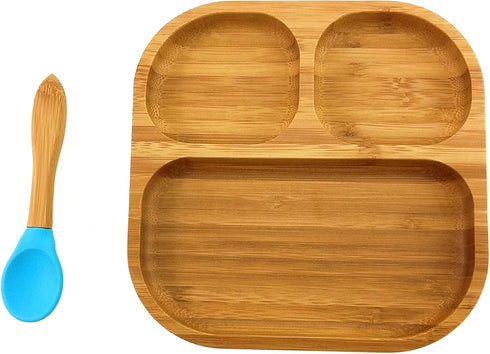 Baby Toddler Stay Put Dish, Kids Suction Plate, Bamboo Cute Dinnerware (Blue)