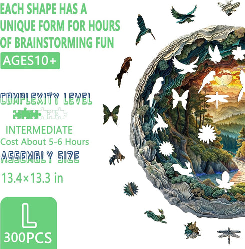 Wooden Puzzles for Adults, 3D Vision Effects Cave Forest Jigsaw Puzzles, Unique Shape Hill Sunset Landscape (300 pcs)