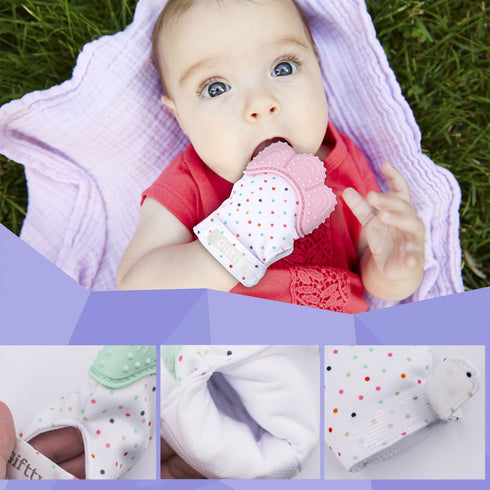 Giftty 3-12 Months(2 Baby Teething Mitten, Self-Soothing Teether Glove, Pain Relief Silicone Mitt, Double Breathable