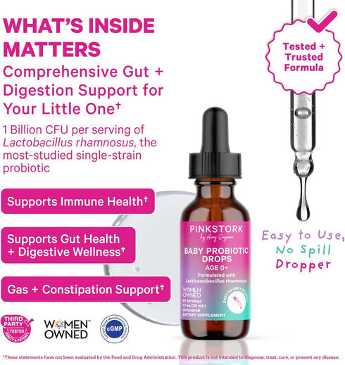 1 oz, 2 Pink Stork Baby Probiotic Drops, Newborn, Infant & Toddler Probiotics to Help Aid Digestion and Constipation