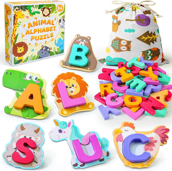 BEESTECH Animal Alphabet Flash Cards, Wooden Letter Puzzle, Educational ABC Learning Toys