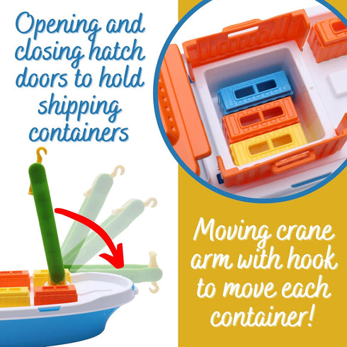 Toyland 41cm (16") 6 3 Colourful Cargo Ship with Moveable Doors, Crane & Plastic Containers - Kids Floating Water Toy