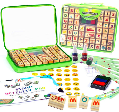 Wooden Large Stamp Premium Set for Kids. 72 Pcs Alphabet Stamps. Letters,